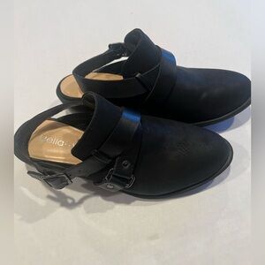 Bella Vita Buckle Strap Black Suede Shoe with Metal Accent & Low Block Heel